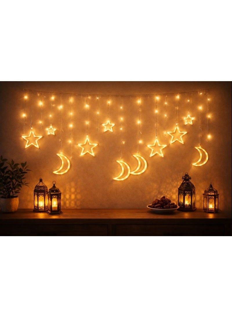 Home Care 10 Hanging Moon & Star Curtain Lights (3M), Warm LED Ramadan & Eid Decorative Plug-In String Lights with High and Low Crescent & Star Design, Color Box Packaging  Assorted design - Image 1